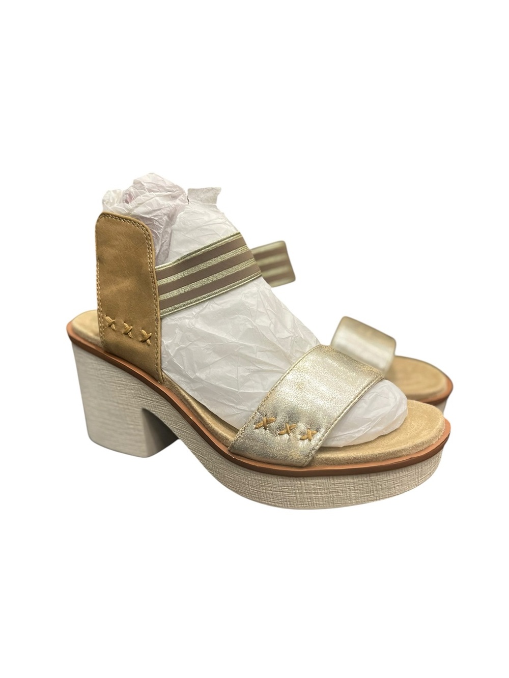 NWOB Pierre Dumas | Clue-3 gold and tan platform chunky heeled sandals 8.5